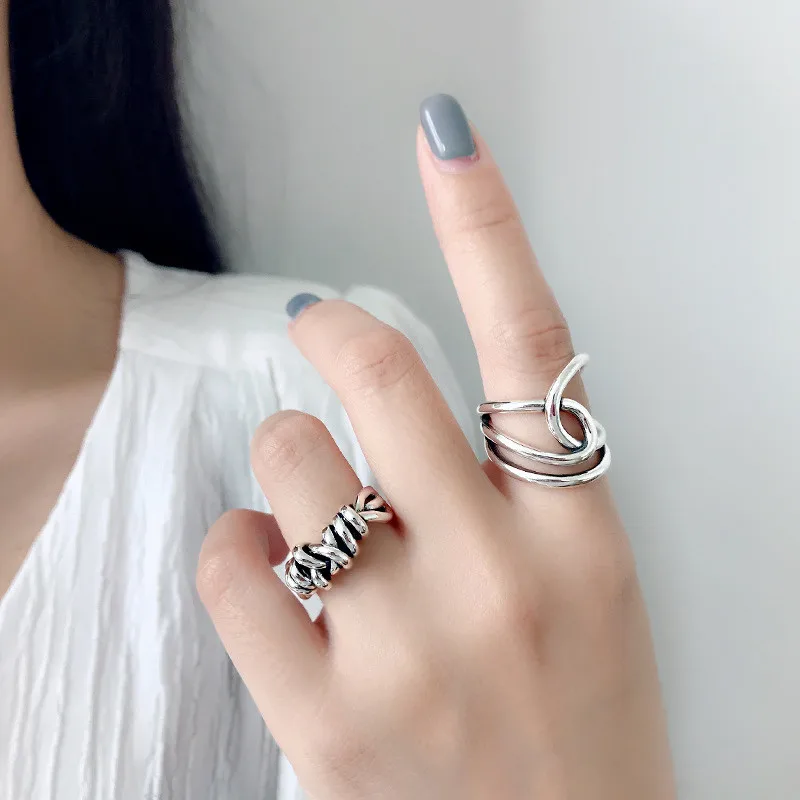 Vintage Open Ring INS Made Of Old Braided Winding Multi-Layer Cross Ring Geometric Silver Jewelry For Men And Women