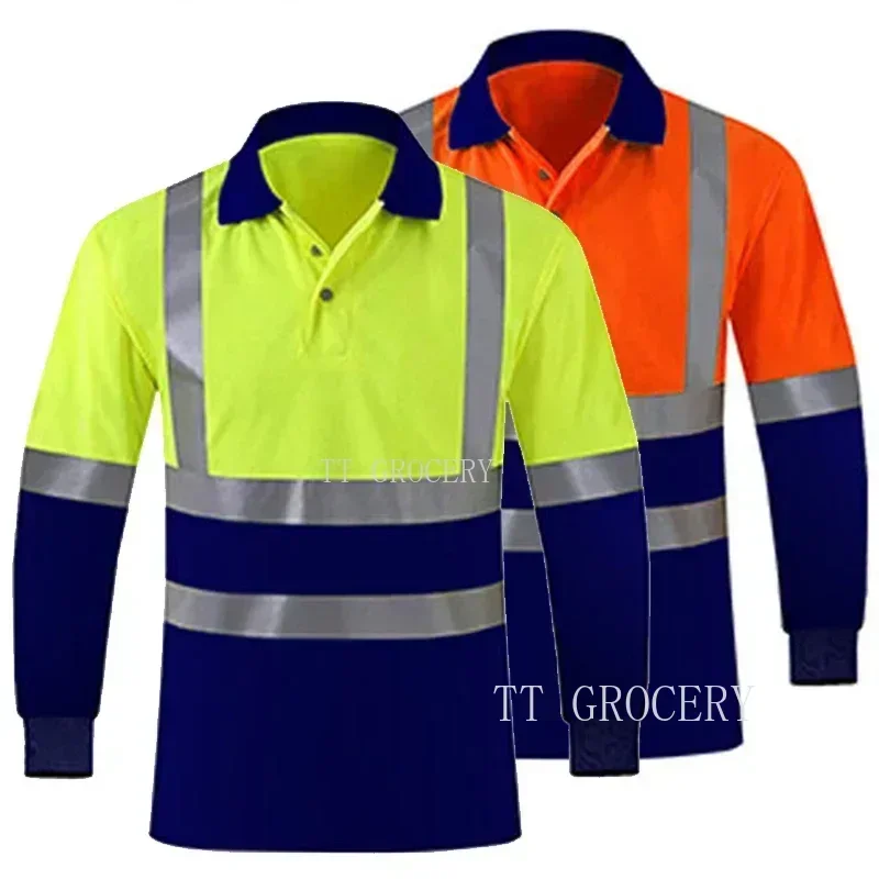 Summer Quick Dry Shirt Hi Vis Workwear Contrast Color Safety Long Sleeve Polo Shirt Reflective Work Tops For Working