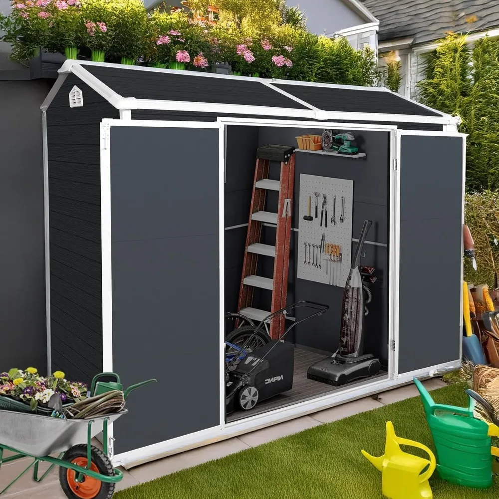 

8x4 FT Resin Storage Sheds Outdoor with Floor Included, Plastic Sheds & Outdoor Storage Clearance with 2 Windows and Door