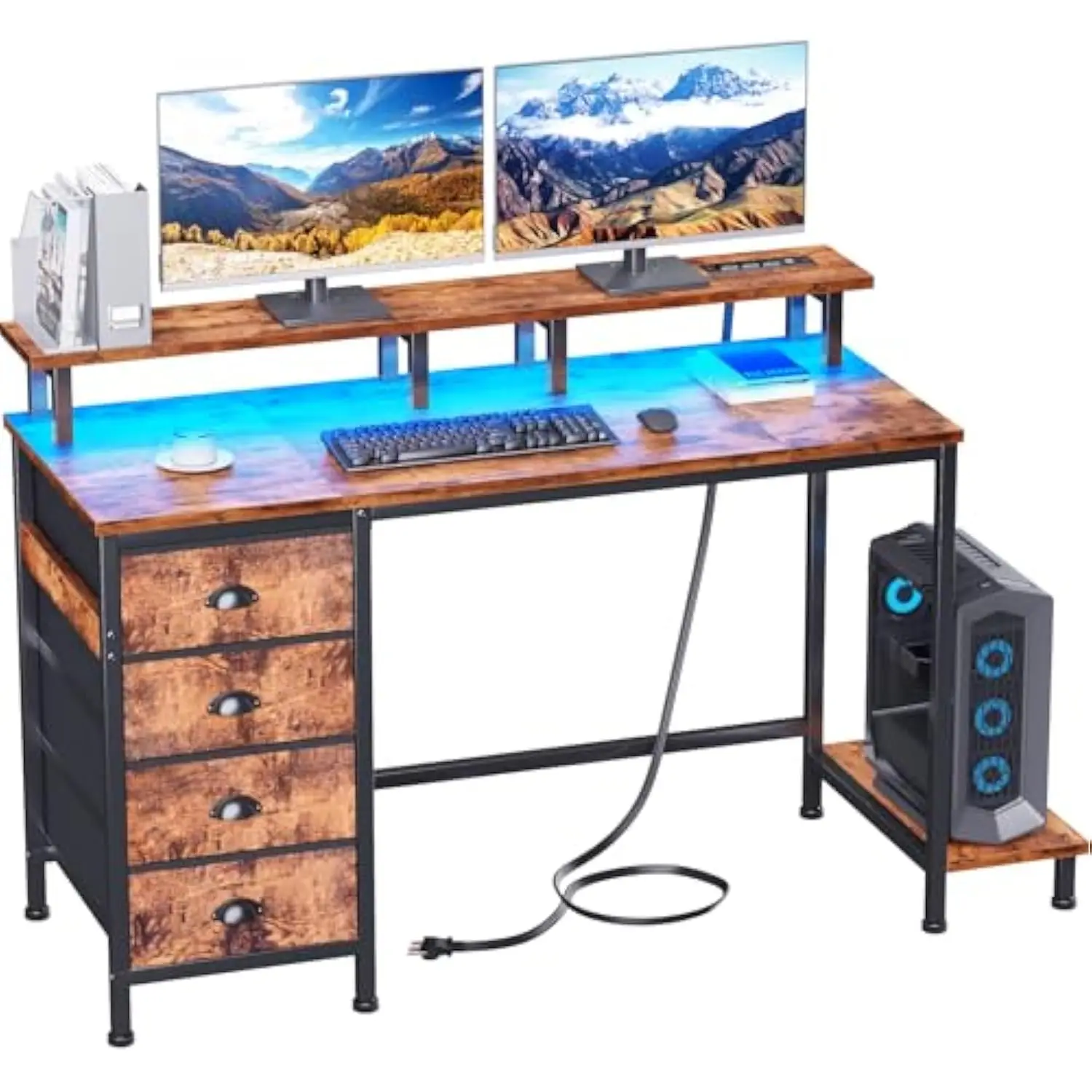 

47 英寸 Computer Desk with 4 Fabric Drawers, Gaming Desk with Power Outlets and Led Lights, Home Office Desk with Full Monitor