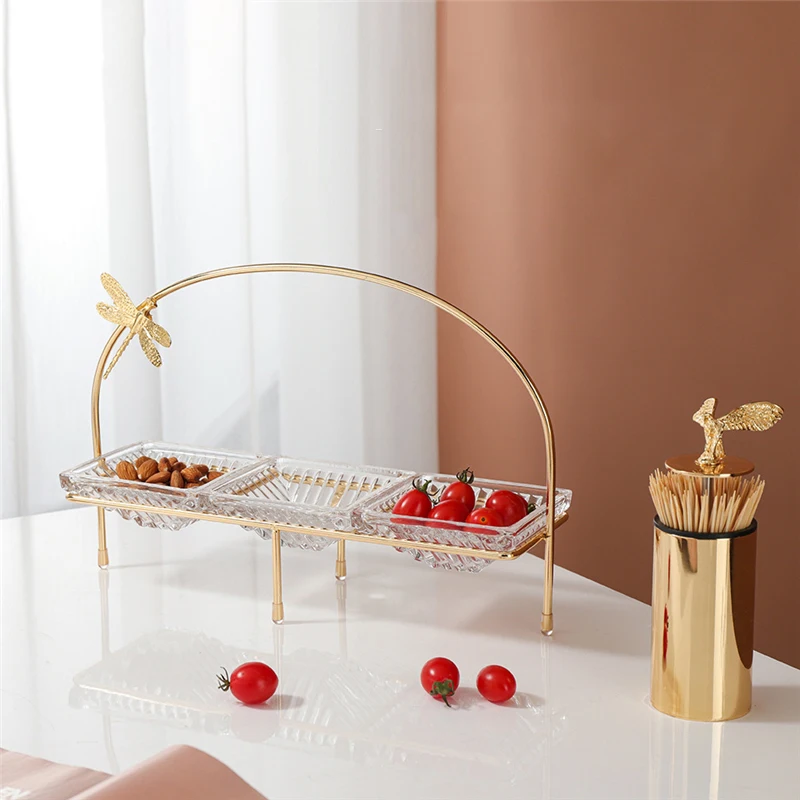 

European Creative Three-grid Fruit Plate Iron Handle Transparent Glass Pastry Plate Home Afternoon Tea Table Dessert Snack Tray