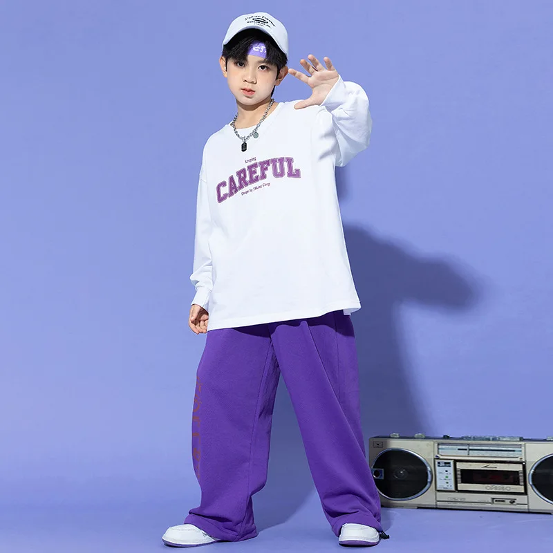 

Kid Hip Hop Clothing White Oversized Sweatshirt Purple Letters Casual Wide Sweat Pants for Girl Boy Jazz Dance Costume Clothes