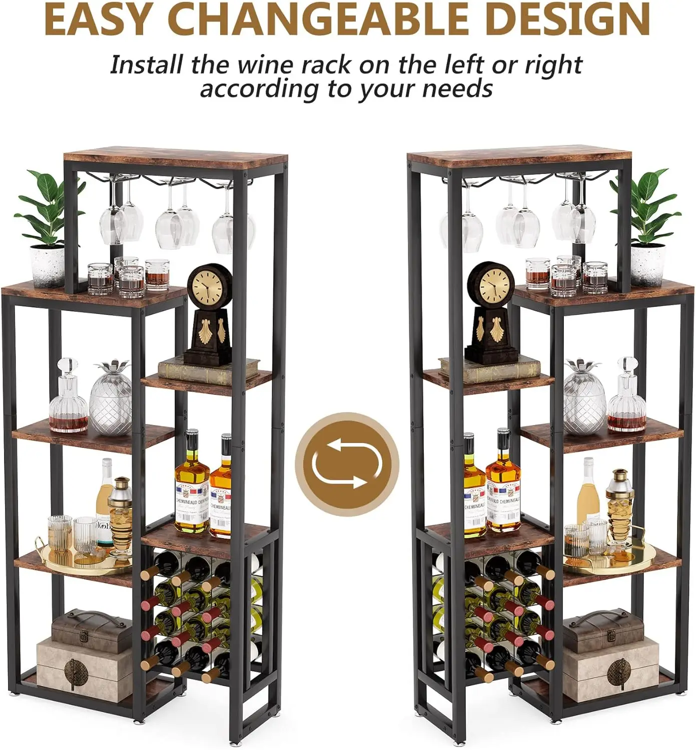 Pavimento Autoportante Cremalheira do Vinho com Suporte de Vidro e Armazenamento, Prateleira de Exposição Industrial, Bar Gabinete, Wine Baker Rack, 5-Tier