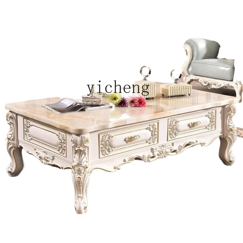 

ZK solid wood carving flower coffee table large apartment high-end villa living room marble table