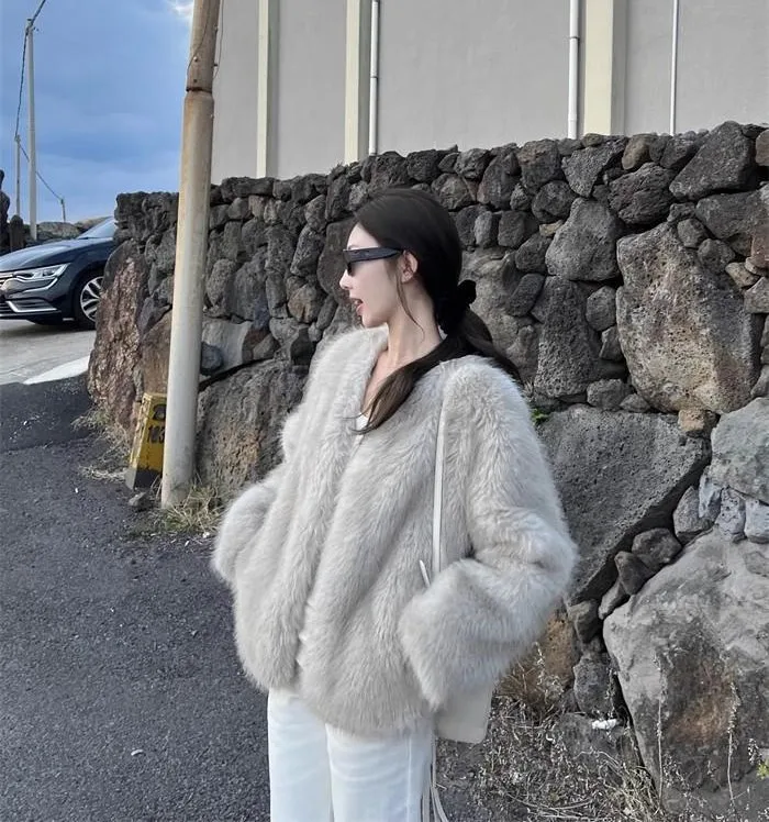 

Faux Fur Coat Long Coats Womens Double Sided Type Party Female Bunny Warm Outwear Novelties Plush Collarless OL