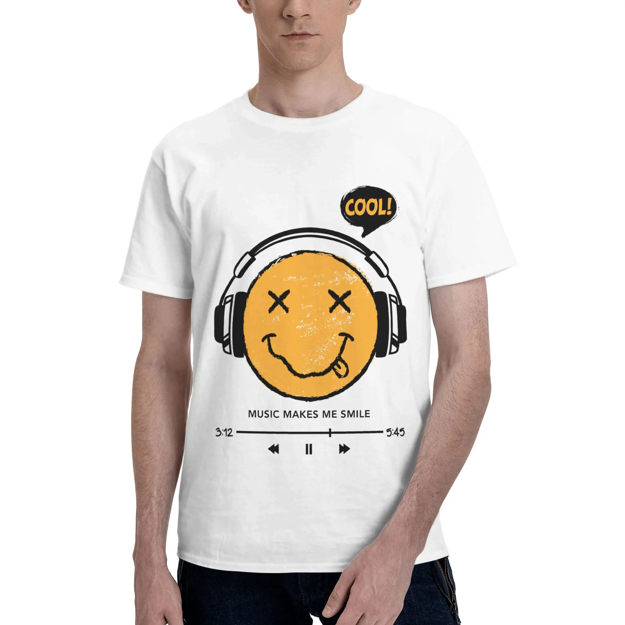 Cool Yellow Smiley Headphones Print Grapic  Men T-Shirt Clothes  Tee Shirt Short  Summer Casual Trendy