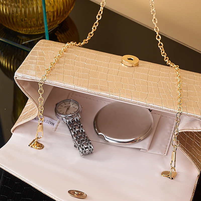 New stone print simple clutch bag Wedding party dinner bag Retro large capacity fashion clutch bag Metal chain shoulder bag