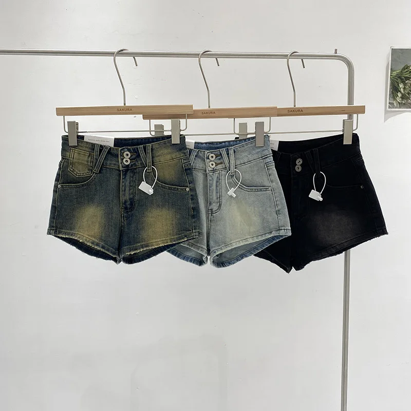 

Женские джинсовые шорты Slim Fit с высокой талией в американском ретро-стиле, с эффектом потертости, новинка сезона Весна-Лето, модные шорты-хотпэнты