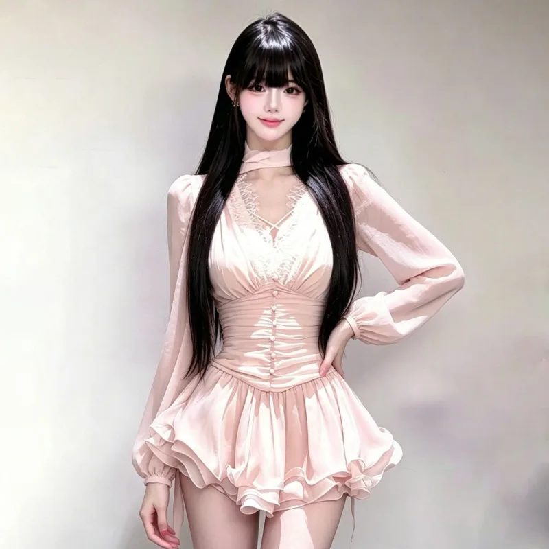 French Style Elegant 2 Piece Set Women Autumn Lace Ruched Lantern Sleeve Tops High Waist Ruffle Mini Skirt Chic Party Clothes