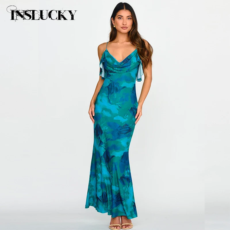 

InsLucky Chic Abstract Print Draped Neckline Cami Dress Women Slim Invisible Zipper Back Trumpet Dress Sexy Birthday Party Dress