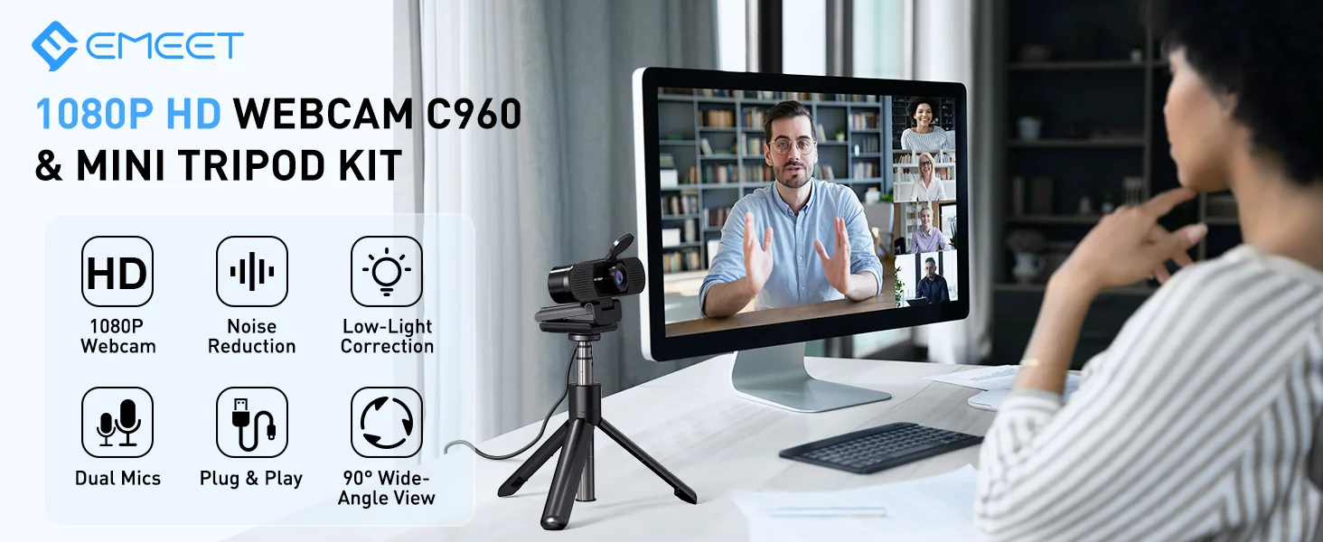 1080p Webcam Full HD Web kamera emeet c960 mit Stativ & Mikrofon Computer kamera mit Ständer für Zoom/Skype/Youtube/Facetime – Detail 1
