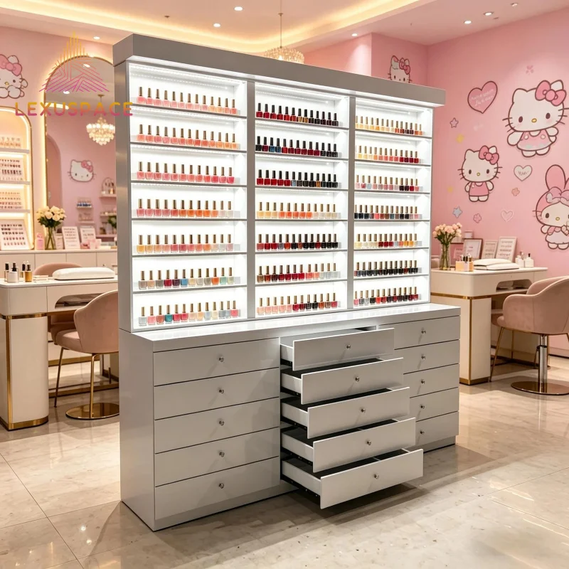 custom.Modern White Glossy MDF Commercial Salon Station with LED Lights and Soft Close Drawers