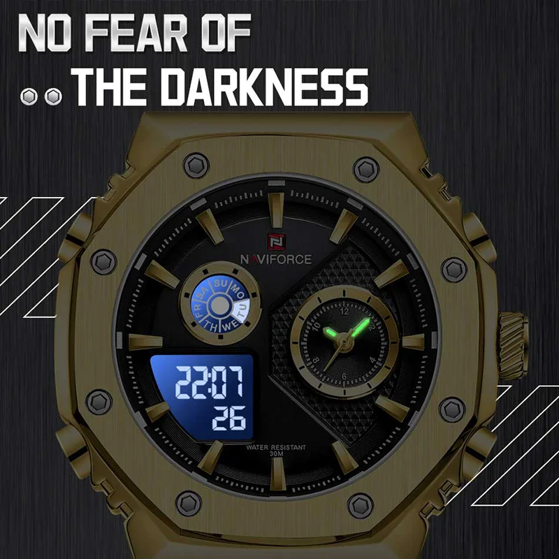 NAVIFORCE Men\'s Sport Watch Stainless Steel Strap Waterproof Quartz Wristwatch Male LCD Display Durable Clock Relogio Masculino