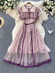 New Summer Fashion Temperament Vestidos Female Round Neck Flying Sleeves Perspective Mesh Floral Midi Dress DK912