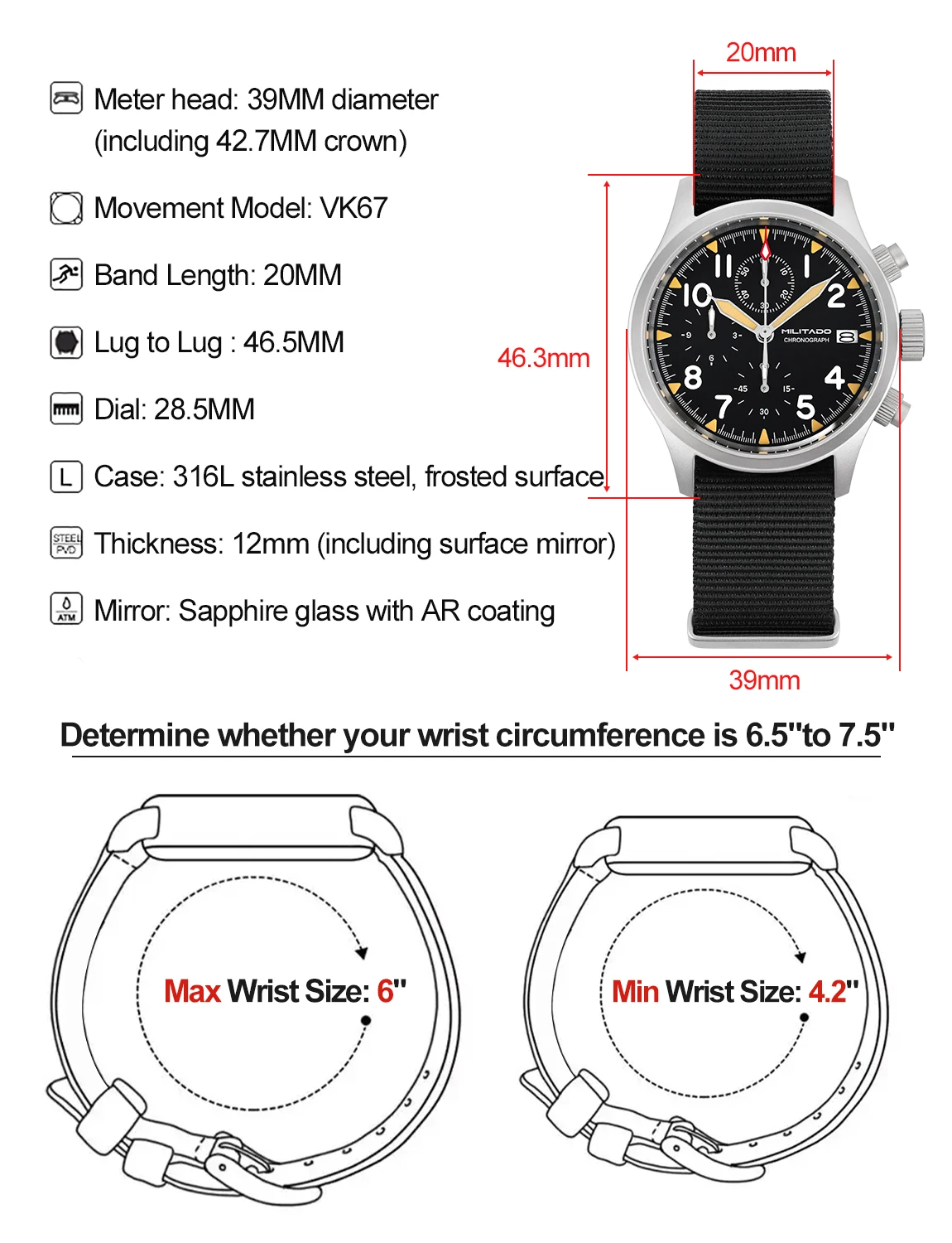 Militado ML1868KF quartz watches man VK67 39mm chronograph watch Luminous Sapphire Glass 100m waterproof military Wrist watch