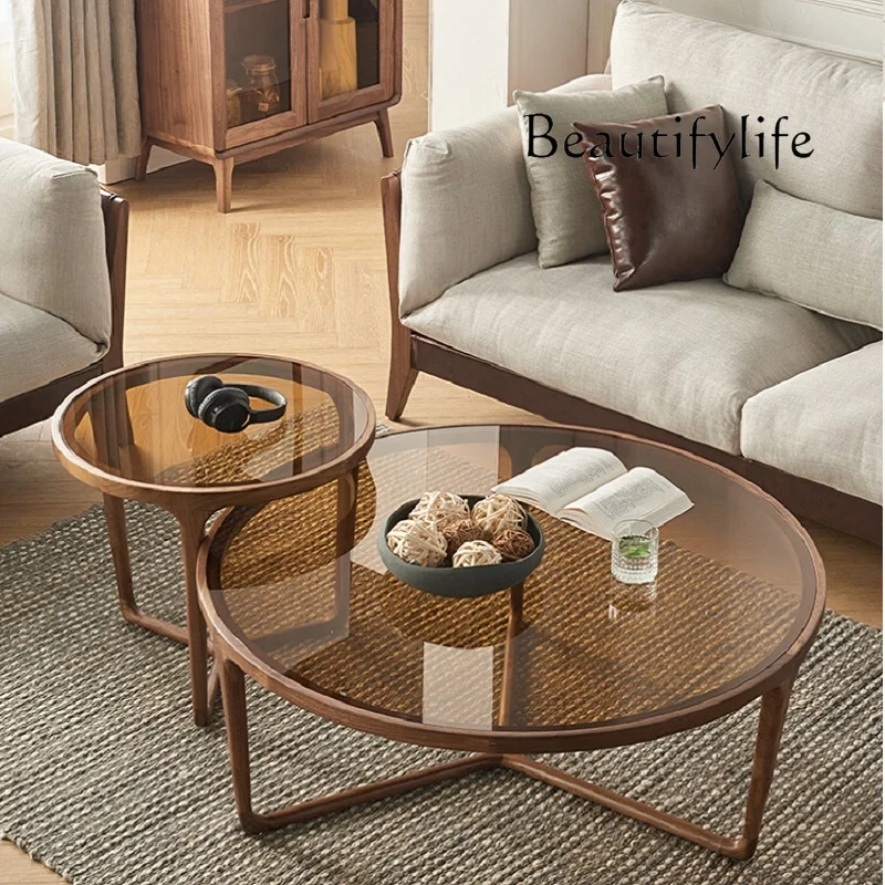 Coffee table North American black walnut tempered glass wabi sand wind simple solid wood round table combination