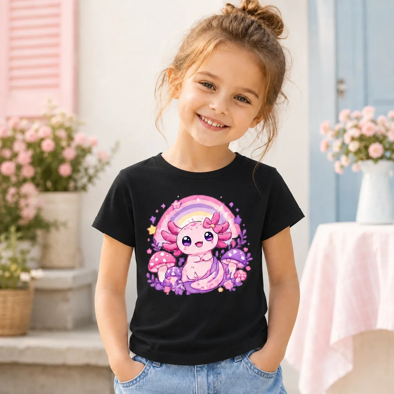 Mädchen-Axolotl-T-Shirt mit niedlichem Aquarell-Regenbogen-Pilz-Print, Baumwoll-T-Shirt für Kleinkinder, kurzärmelig, lässige Kinder-Oberteile für den Sommer. – Detail 3