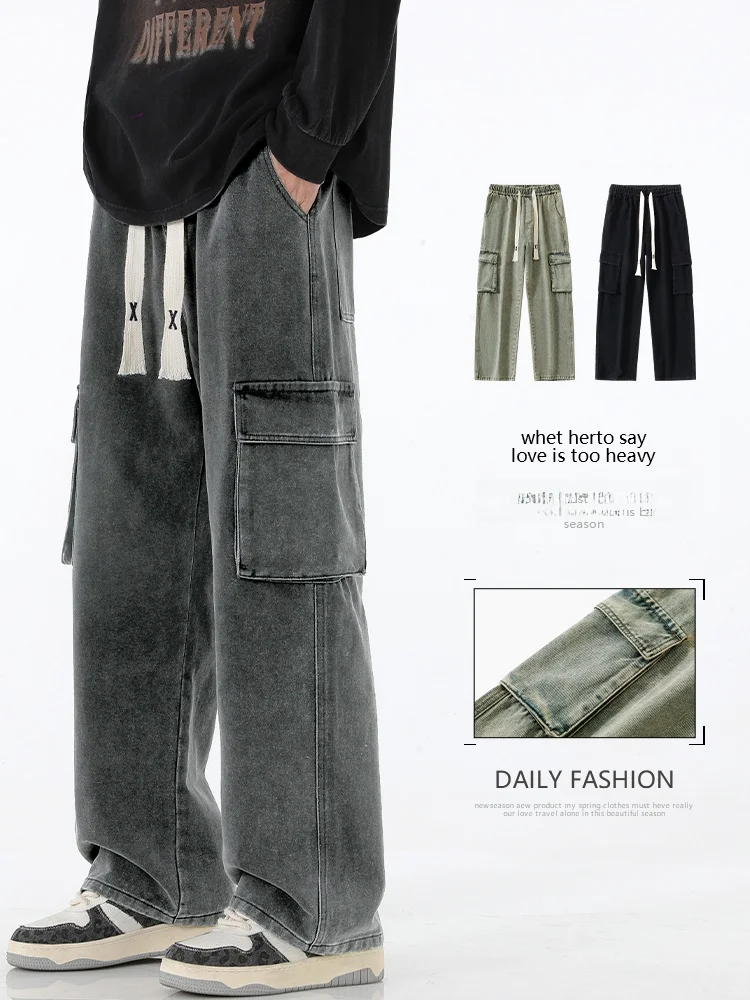 

Loose Straight Leg Workwear Jeans Men's Autumn Winter New Style Greyish Blue Casual High Street Vibe Trousers Trendy Cotton P...