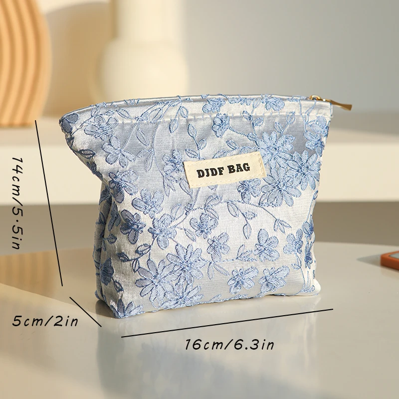 Blue embroidery women\'s makeup bag, portable small cosmetics change storage bag, travel card holder, key bag, inner tank bag