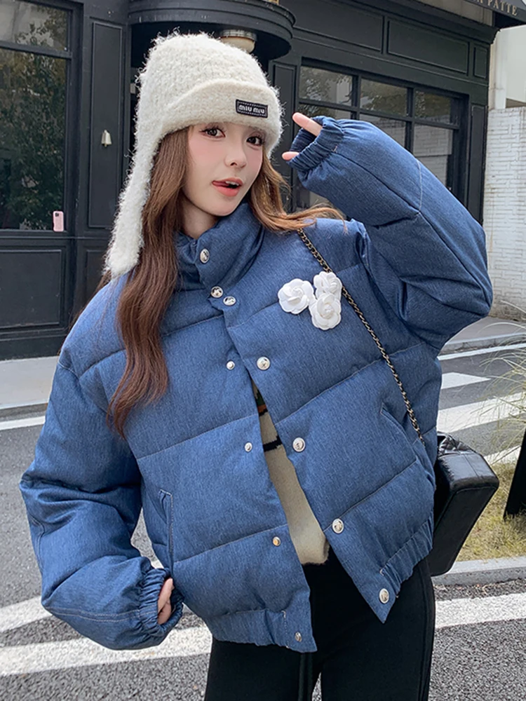 

Zoki винтажные милые джинсовые парки женские 3D цветочные свободные пышные пальто с длинными рукавами корейский консервативный стиль воротник-стойка зимняя теплая куртка