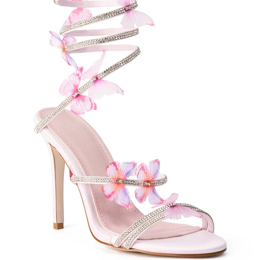 Sandalias de aguja de mariposa rosa para mujer, zapatos de punta redonda, tacón alto fino, con diamantes de imitación, para fiesta, verano, 2024