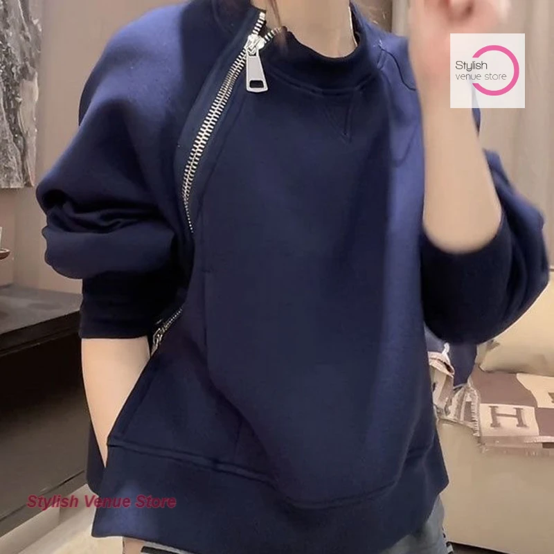 French fashion blue sweater women's autumn and winter new temperament design sense oblique zipper Joker pullover niche jacket