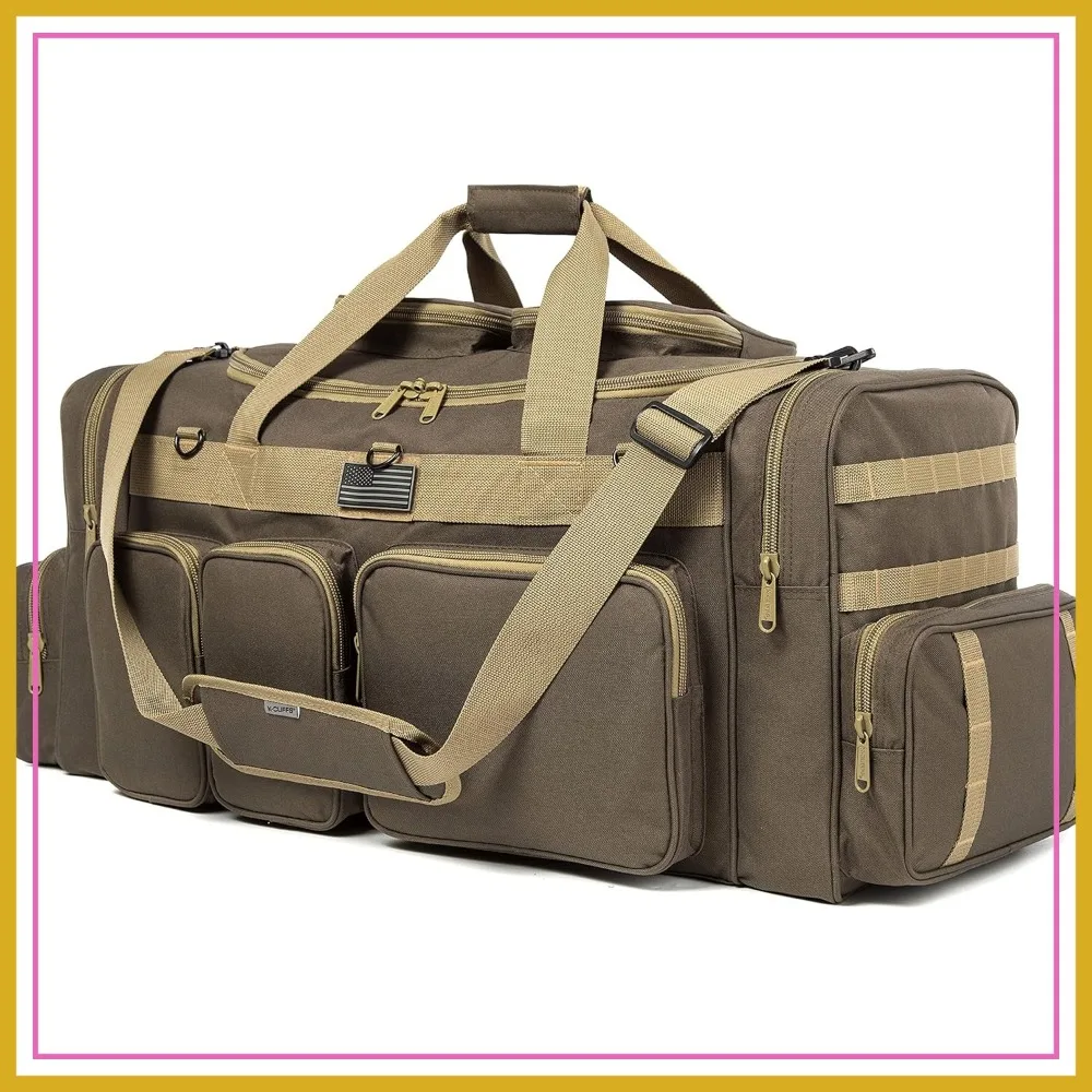 

Heavy Duty Tactical Range Duffel 33" Khaki - Durable Gear Bag for Travel, Sports, Gym, Military Molle with Lockable Zippers