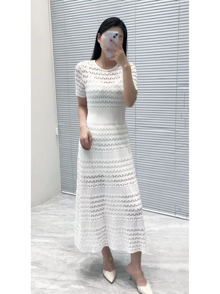 Ele High-End Gebreid Kant Ort-Slee Taille-Gesloten Dr Eenvoudig Woon-werkverkeer Romantisch Bloemenhaak Ontwerp Zomer Lang Dr