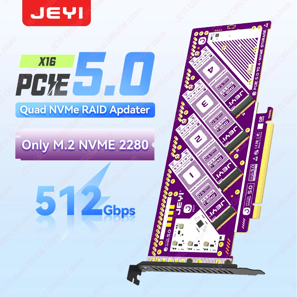 JEYI 4-Bay PCIe 5.0 X16 Quad M.2 Expansion Card NVMe RAID 0/1/5/JBOD Adapter 512Gb/s Speed 8TB per SSD Compatible PCIe 4.0/3.0
