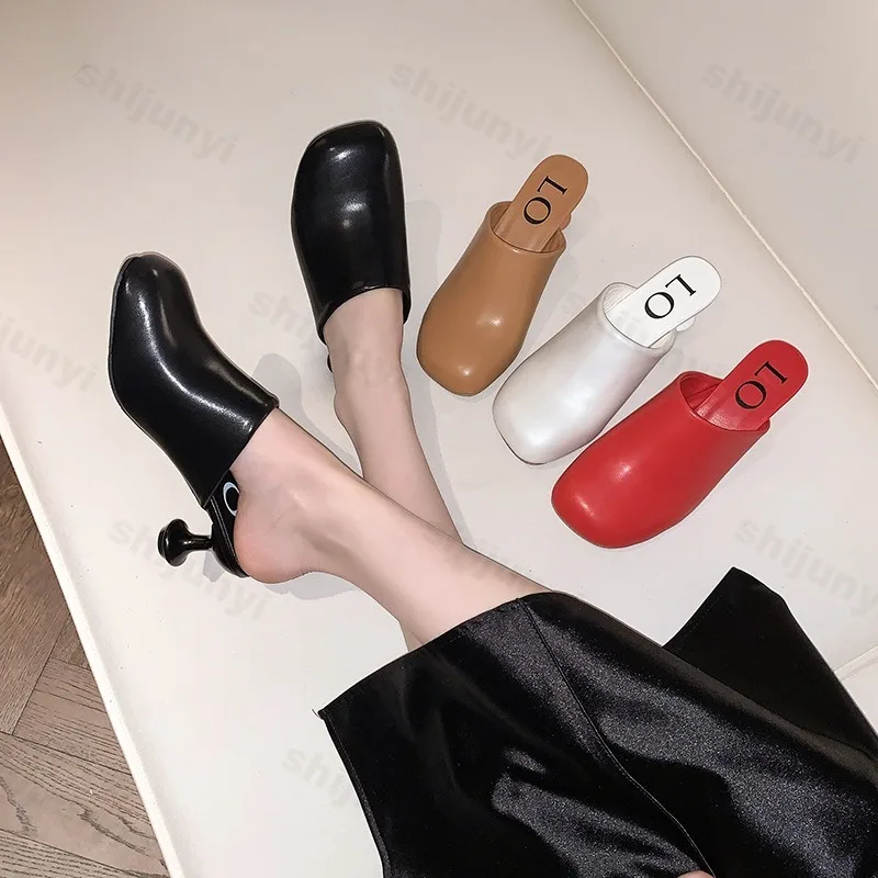 

Solid Design Fashion Versatile Slim Heel Half Slippers for Women 2025 Autumn Square Head Comfortable Slip on Shallow Mouth Pumps