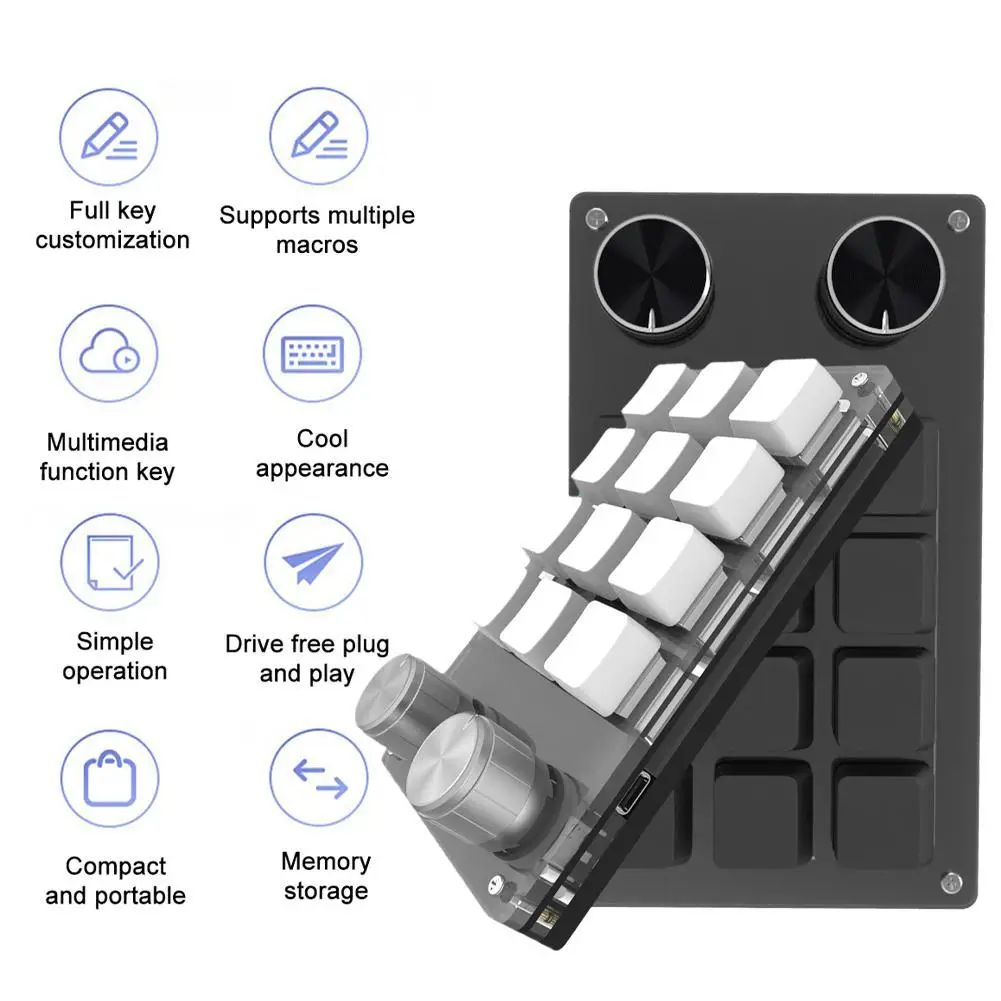 Macro Keyboard 12 Key 2 Knob Mechanical Keyboard Hot Swap Custom Keypad One-handed Keypad Mini Gaming Auxiliary Keyboard