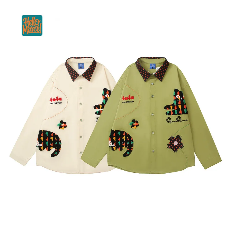 

HELLOMARCEL High Quality EU US Size Luxury Retro Funnny Embroidery Contrast Color Long Sleeve Men Women Couple Shirt