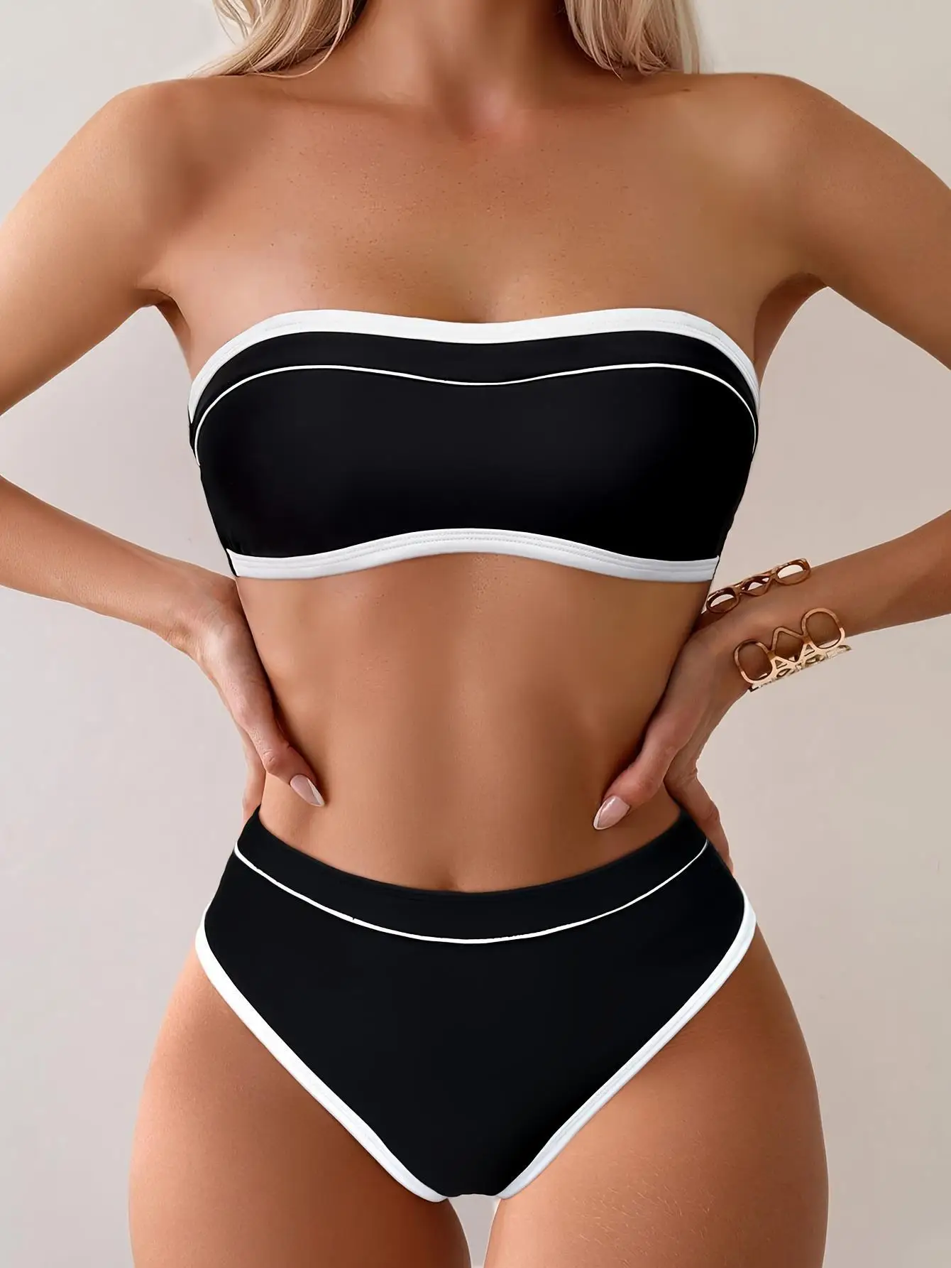 Summer Two Piece Women's Bikini Set - Sexy Solid Color Bandeau Top High Waist Bottom Summer Beach Two-Piece Swimwear In The Sea