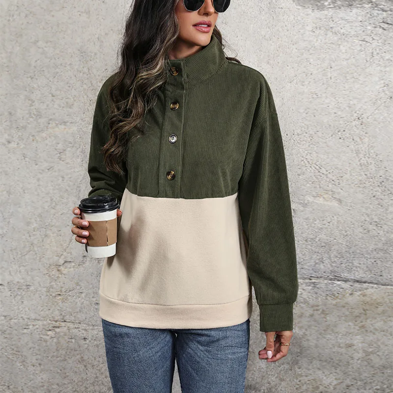 

Women's Green Beige Color Block Stand Collar Button Sweatshirt Casual Loose Corduroy Long Sleeve Pullover Top