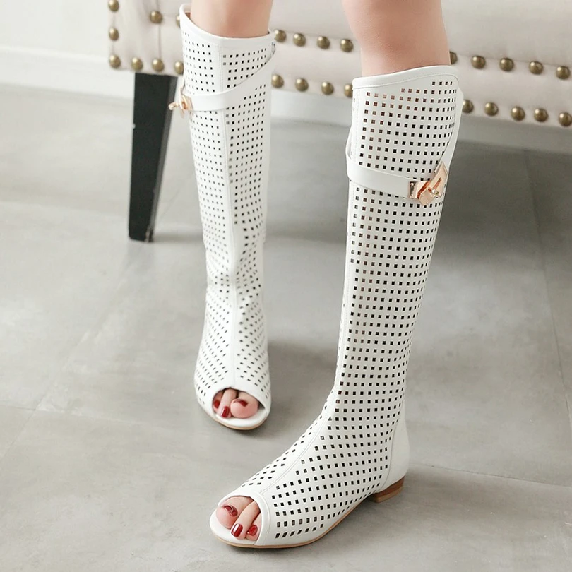 

Plus Size Metal Buckle With Hollow Square Hole Peep Toe Knee Length Boot Side Zipper For Breathable Summer Flat Bottomed Boots