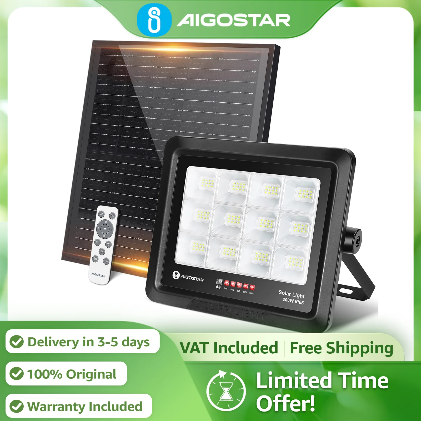 Aigostar Proyector Solar 200W con Mando | Indicador de Batería IP65 | Luz Fría 6500K para Jardín y Garaje