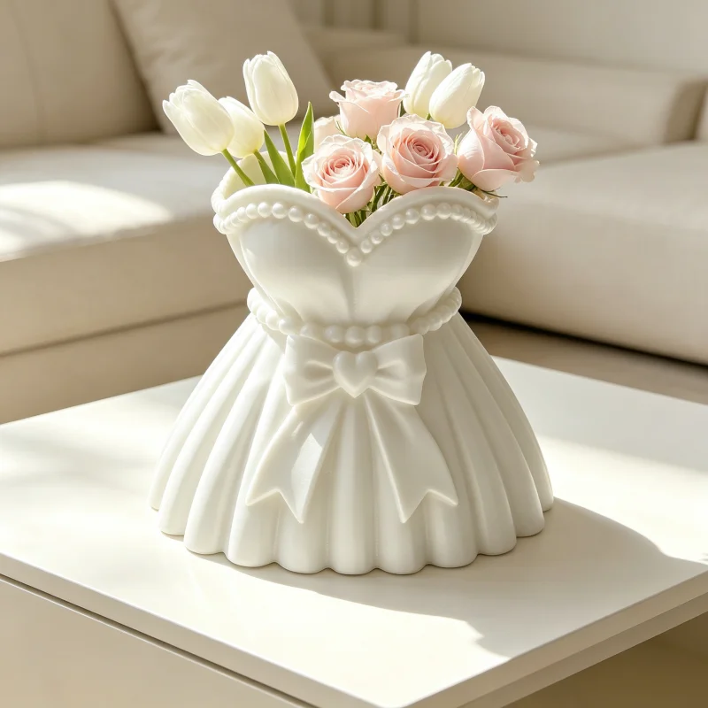 Girly Princess Wedding Dress Style Vase, White Pearl Heart-Shaped Bow Skirt Flower Vessel, Multifunctional Desktop Makeup Brush Storage Holder, Cute Desktop Home Decoration for Bedroom Dressing Table