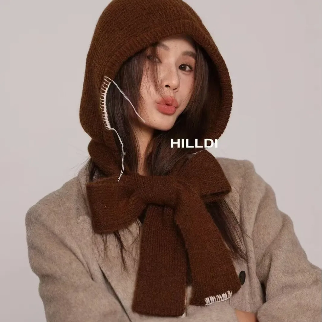 Balaklafa Hat Women's Retro Bow Scarf Hat Integrated Warm Ear Protection Outdoor Woolen Hat Knit Hat Czapka Zimowa 4m786