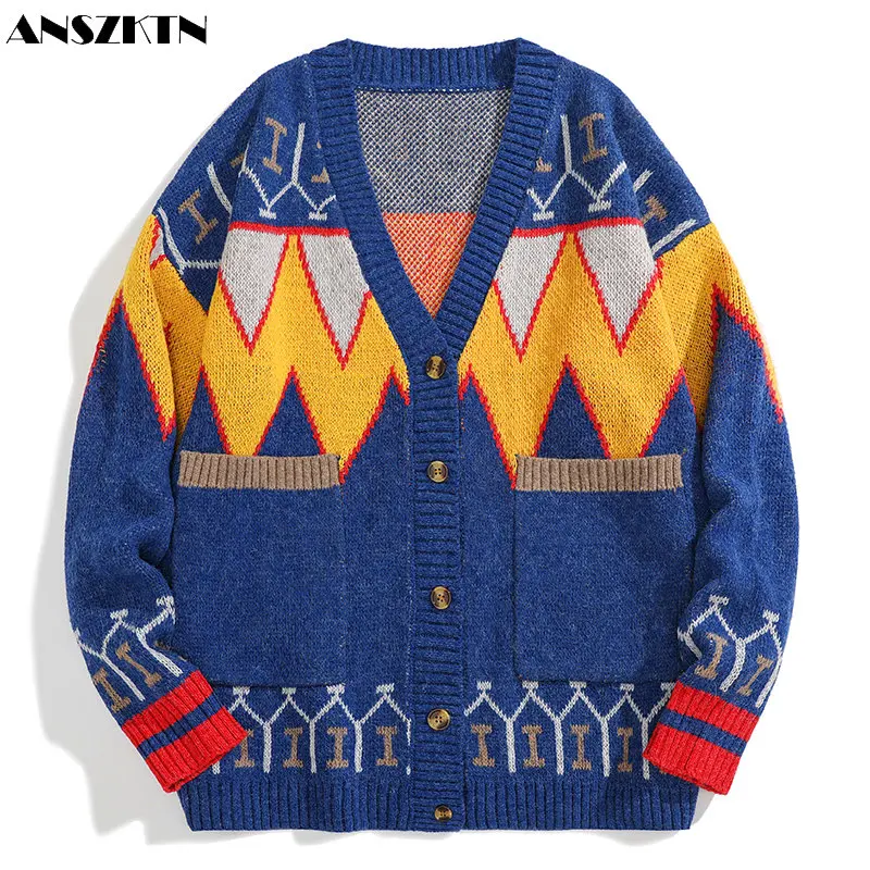 ANSZKTN Autumn and winter new male interlace color pattern on top cardigan sweater