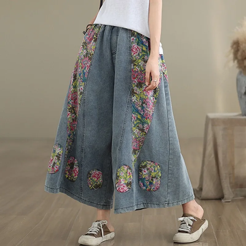 Women New Arrival 2025 Vintage Style Patchwork Floral Print Loose Female Casual Jeans B3876 High Waist Wide Leg Denim Pants