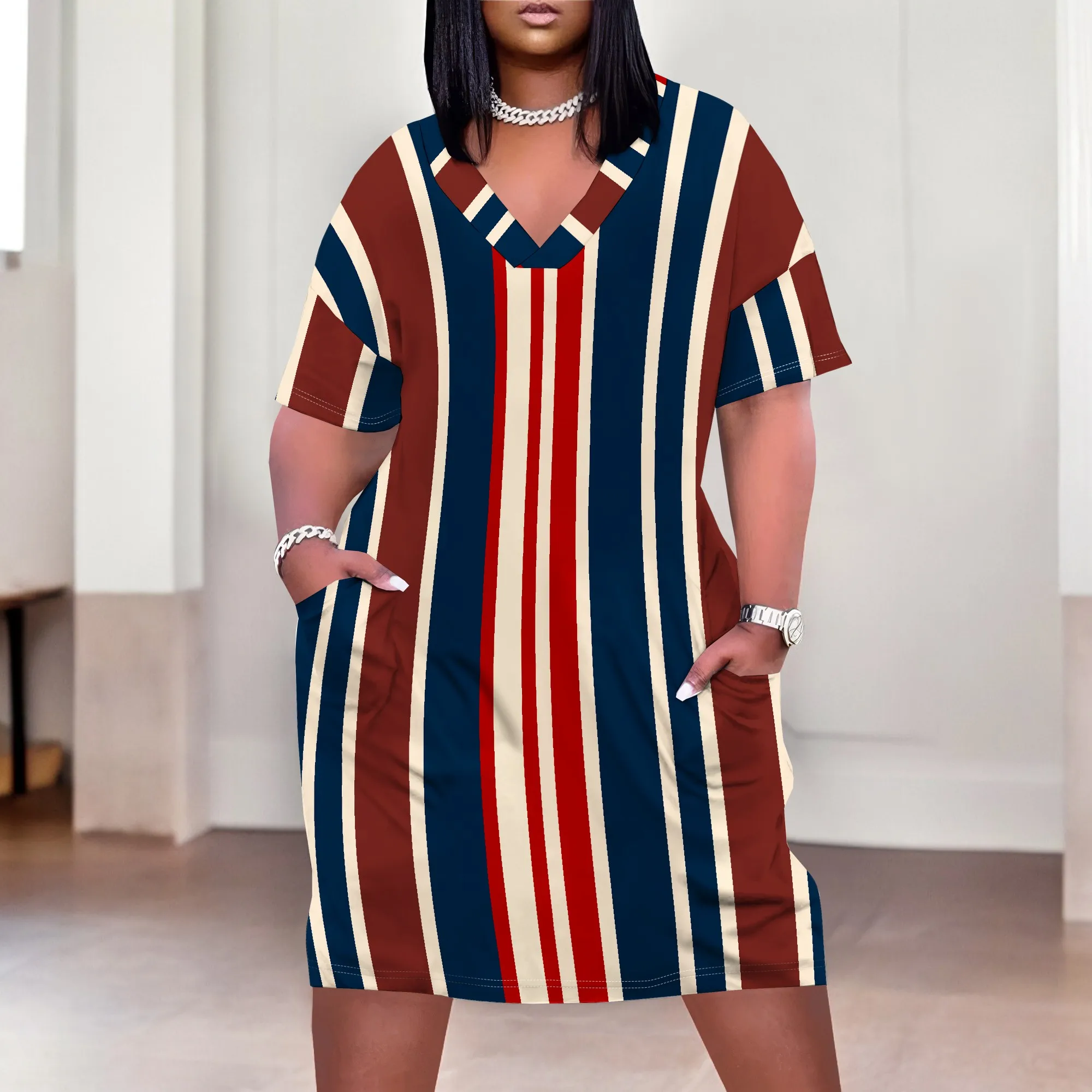 Plus Size African Art Print Dress for Women Ethnic V Neck Casual T Shirt Dress with Pockets