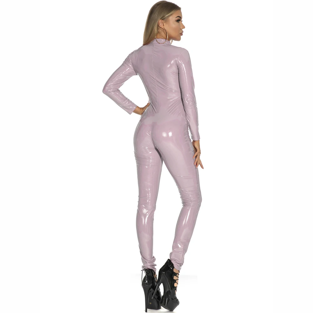 Body de couro sintético de pvc brilhante para mulheres, meia-calça cosplay com zíper, virilha aberta, macacões sexy de manga comprida, collant siamês