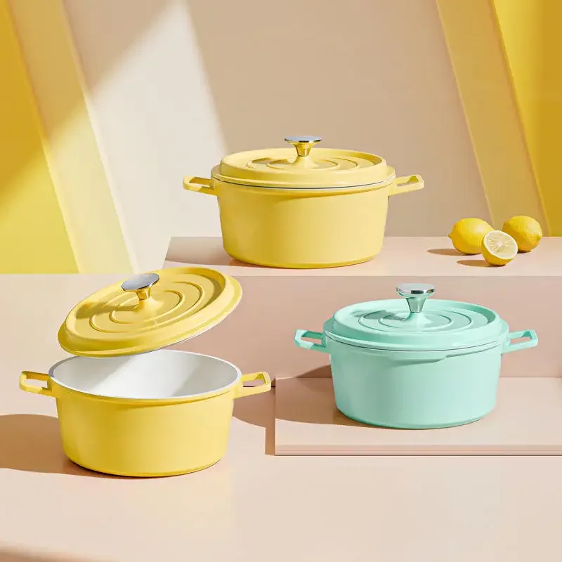 European binaural style enamel cookware cooking set Heat-resistant binaural enamel pot set Ceramic coated pot