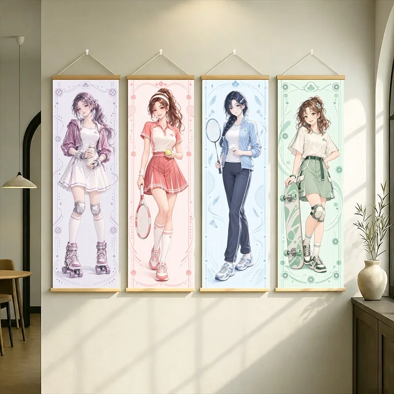 Anime Girls in Sporty Outfits Hanging Scroll with Pastel Floral Borders and Playful Fashion Illustration for a Bedroom