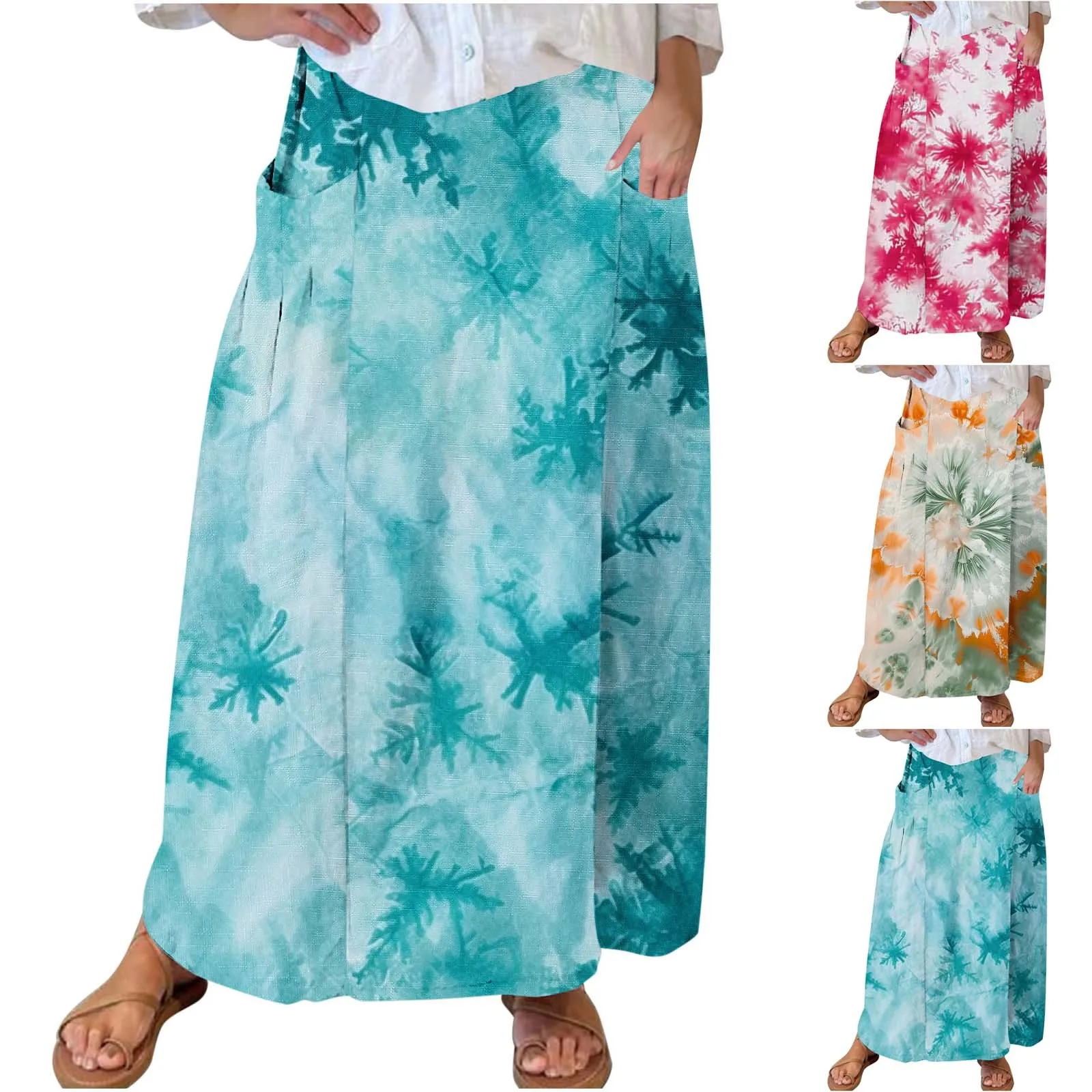 Women's Fashionable Casual Tie Dye Printed Pocket Loose Skirt Dress Cute Skirt Skirt with Shorts underneath Bathing Suit Skirt