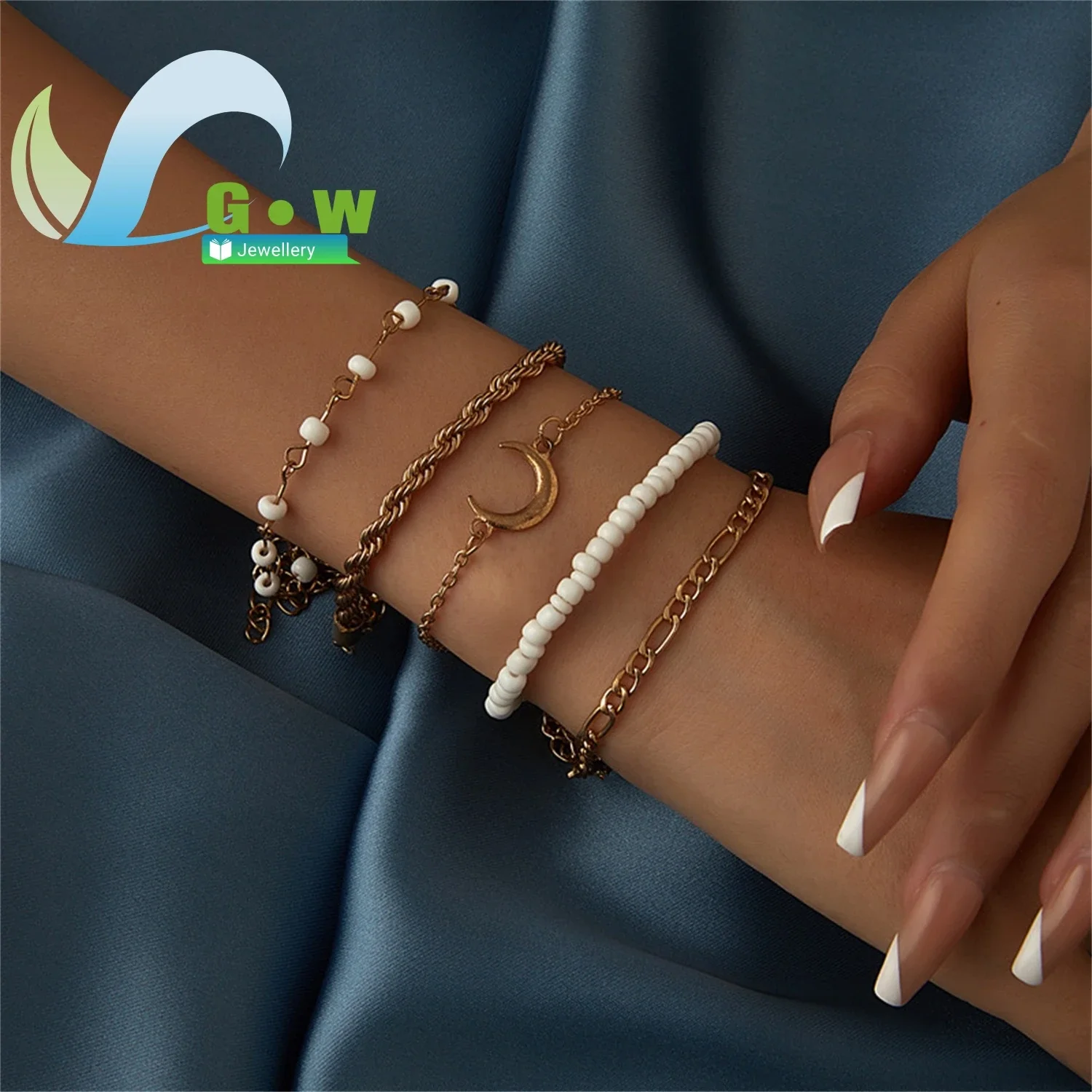 5 Piece Moon Bracelet Set Rice Beads Multi Color Layered Retro Boho Jewelry for Women Daily Casual Work Office Street Style Chic