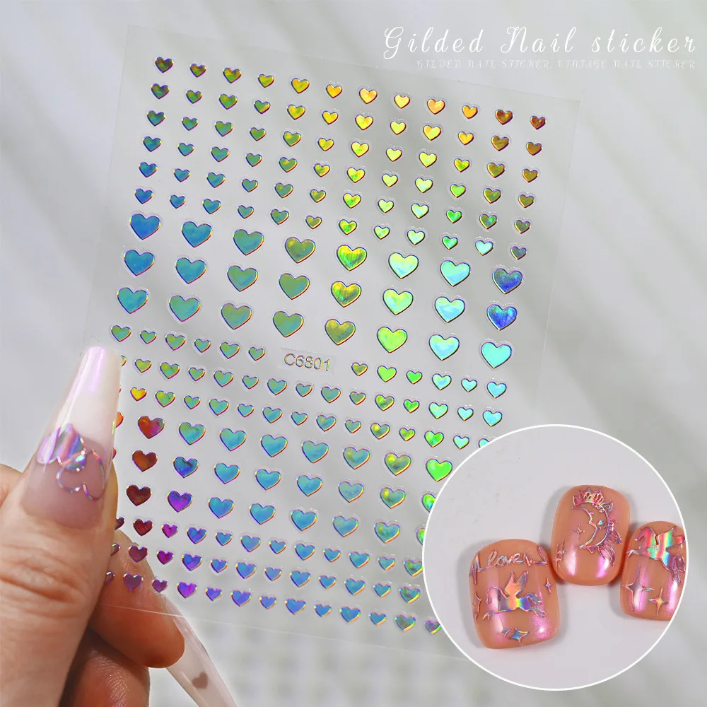 믹스 6pcs 3D 골드 실버 하트 네일 스티커 금속 효과 홀로그램 카와이 러브 네일 장식 데칼 매니큐어 슬라이더