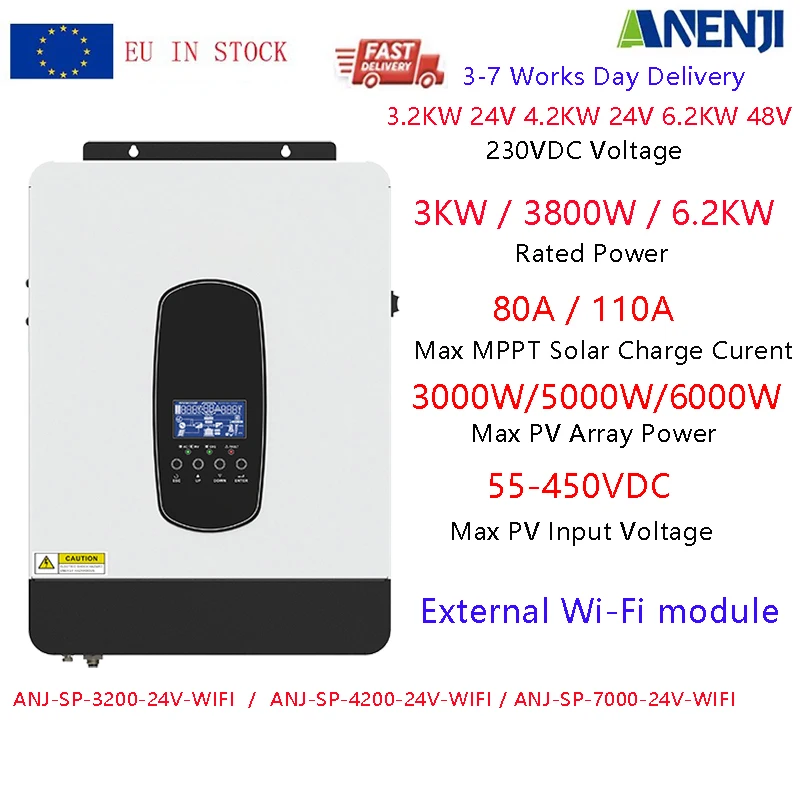 Onduleur solaire hybride ANENJI 48V 24V 6.2KW 3.8KW 3KW 230VAC hors réseau MPPT 110A 80A avec chargeur solaire PV 55-450VDC et WIFI