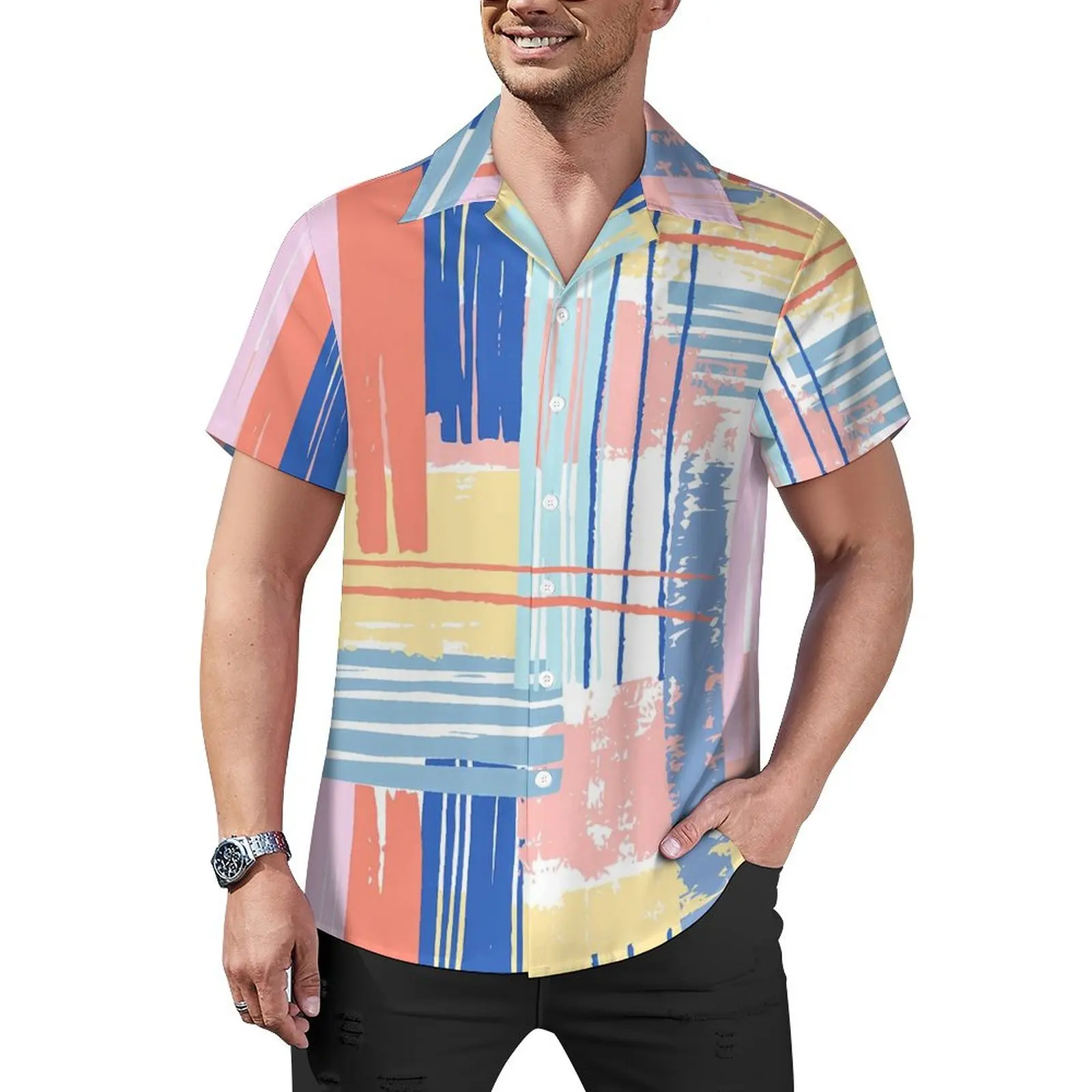 

Colorful Brush Beach Shirt Men Pink Blue Yellow Stripes Cool Casual Shirts Hawaiian Short Sleeve Stylish Design Oversize Blouses