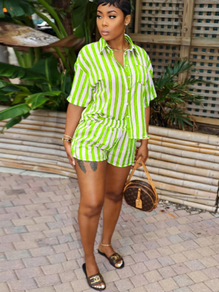 

Wmstar 2026 Summer Fashion Casual Women Striped Printed 2 pcs Set Loose Shirt short pants Two Piece Set Wholesale Dropshipping